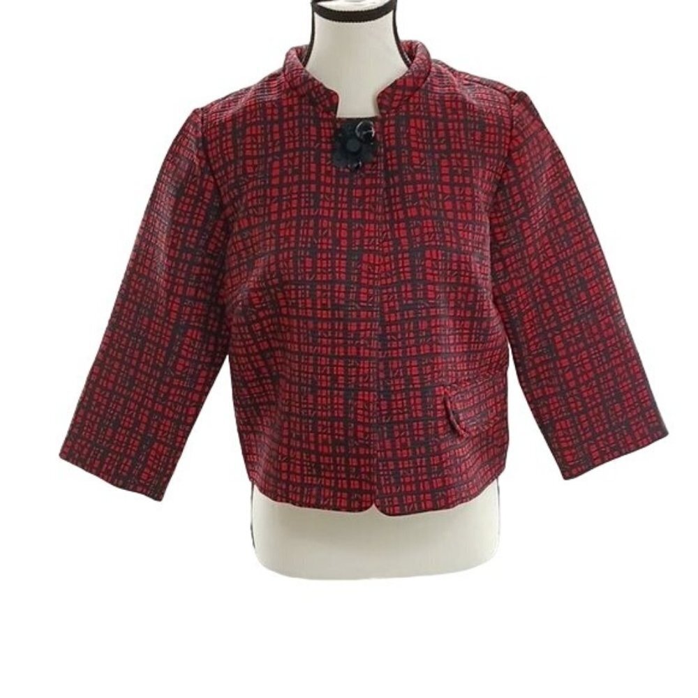 Ruby Rd Womens Size 6 Red Black Cropped Jacket 3/4 Sleeve Textured Blazer